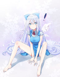 Rule 34 | !, 1girl, aged up, alternate breast size, alternate hair length, alternate hairstyle, bad id, bad pixiv id, bare legs, barefoot, blue eyes, blue hair, bow, breasts, cirno, cirno-nee, cleavage, feet, hair bow, highres, large breasts, long hair, matching hair/eyes, sitting, sleeveless, snowflakes, solo, spread legs, touhou, very long hair, yamada ranga