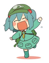 Rule 34 | 1girl, arm up, backpack, bag, blue footwear, blue shirt, blue skirt, blush stickers, boots, cabbie hat, citrus (place), closed eyes, commentary request, facing viewer, full body, green bag, green hat, hair between eyes, hair bobbles, hair ornament, hat, kawashiro nitori, key, long sleeves, medium hair, open mouth, outstretched arms, shirt, simple background, skirt, solo, touhou, two side up, white background