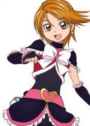 Rule 34 | 00s, 1girl, arm warmers, belt, black gloves, black shirt, black skirt, brooch, brown eyes, brown hair, cure black, detached sleeves, earrings, eyelashes, fingerless gloves, futari wa precure, futari wa precure max heart, gloves, happy, heart, heart brooch, jewelry, looking at viewer, magical girl, misumi nagisa, oimanji, open mouth, precure, ribbon, shirt, short hair, simple background, sketch, skirt, smile, solo, white background