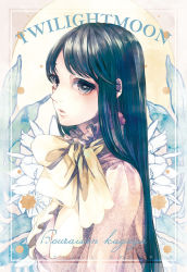 Rule 34 | 1girl, :o, alternate costume, ascot, black hair, blue eyes, character name, english text, eyelashes, floral background, flower, from side, full moon, houraisan kaguya, kyachi, long hair, looking at viewer, moon, parted bangs, parted lips, portrait, solo, star (symbol), touhou, upper body