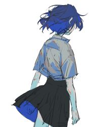 Rule 34 | 1girl, black skirt, blue hair, bocchi the rock!, collared shirt, commentary, cowboy shot, from behind, hair ornament, hairclip, hashtag-only commentary, highres, pleated skirt, school uniform, shimokitazawa high school uniform, shinota12, shirt, short hair, short sleeves, simple background, skirt, solo, white background, white shirt, yamada ryo