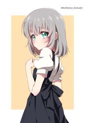 Rule 34 | 1girl, absurdres, alternate costume, alternate hairstyle, black dress, blush, breasts, chili-tomato (gekikaraya), closed mouth, commentary request, cowboy shot, dress, fate (series), from side, gray (fate), green eyes, grey hair, hand up, highres, looking at viewer, looking back, lord el-melloi ii case files, orange background, pinafore dress, puffy short sleeves, puffy sleeves, shirt, short hair, short sleeves, simple background, sleeveless, sleeveless dress, small breasts, solo, twitter username, white background, white shirt