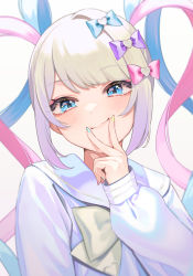 Rule 34 | 1girl, ame-chan (needy girl overdose), blonde hair, blue eyes, blue hair, blue nails, bow, chouzetsusaikawa tenshi-chan, hair bow, highres, looking at viewer, multicolored hair, nail polish, needy girl overdose, pink hair, sailor collar, school uniform, serafuku, shigure ui, simple background, smile, solo, twintails, upper body, v over mouth, white background, yellow nails