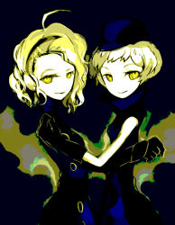 Rule 34 | 2girls, atlus, bare shoulders, blonde hair, dress, elizabeth (persona), gloves, grin, hairband, hat, long hair, margaret, margaret (persona), multiple girls, persona, persona 3, persona 4, short hair, siblings, sisters, smile, wavy hair, yellow eyes