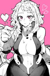 Rule 34 | 1girl, absurdres, blush, bodysuit, boku no hero academia, breasts, closed mouth, fingernails, greyscale, greyscale with colored background, highres, large breasts, looking at viewer, monochrome, pink background, pink eyes, short hair, simple background, sitting, solo, thigh strap, uraraka ochako, wet, wet hair, wide hips, yotsumi shiro