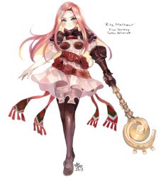 Rule 34 | 1girl, armor, aubz, closed mouth, dress, final fantasy, final fantasy tactics advance, full body, gloves, green eyes, hair ornament, hairclip, long hair, looking at viewer, pink hair, ritz malheur, simple background, skirt, solo, thighhighs, weapon, white background