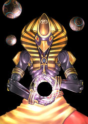 Rule 34 | 1boy, absurdres, ankh, black background, clothed robot, egyptian clothes, highres, humanoid robot, male focus, mask, mechanical arms, official alternate costume, orb, overwatch, overwatch 1, robot, simple background, single mechanical arm, solo, sunyatta, upper body, zenyatta (overwatch)