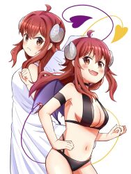 Rule 34 | 1girl, ahoge, angel and devil, angel wings, arm strap, back-to-back, black bra, black choker, black panties, blush, bra, breasts, brown eyes, brown hair, choker, cleavage, closed mouth, cowboy shot, curled horns, curvy, demon girl, demon horns, demon tail, demon wings, dress, fang, floating hair, frown, halterneck, hand on own hip, hand up, hellfire00001, highres, horns, large breasts, long dress, long hair, looking at viewer, looking back, machikado mazoku, multiple persona, navel, open mouth, panties, sidelocks, simple background, skin fang, sleeveless, sleeveless dress, smile, solo, standing, sweatdrop, tail, tail raised, underwear, v-shaped eyebrows, white background, white dress, white wings, wings, yoshida yuuko (machikado mazoku)