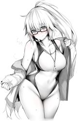 Rule 34 | 1girl, bad id, bad twitter id, bespectacled, blue gk, breasts, cleavage, cowboy shot, embarrassed, fate/apocrypha, fate/grand order, fate (series), glasses, greyscale, highres, inactive account, jacket, jeanne d&#039;arc (fate), jeanne d&#039;arc (ruler) (fate), jeanne d&#039;arc (swimsuit archer) (fate), jeanne d&#039;arc (swimsuit archer) (second ascension) (fate), large breasts, long hair, monochrome, one-piece swimsuit, open clothes, open jacket, sleeves past wrists, solo, swimsuit, whistle, whistle around neck