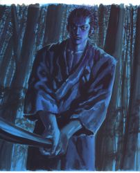 Rule 34 | 1boy, absurdres, blue theme, forest, highres, inoue takehiko, male focus, miyamoto musashi, nature, night, outdoors, plant, scan, solo, sword, traditional media, vagabond, weapon