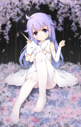 Rule 34 | 1girl, absurdres, ahoge, azur lane, black bow, black ribbon, blush, bow, closed mouth, commentary request, detached sleeves, dress, hair bun, hair ribbon, halterneck, head tilt, highres, little egg, long hair, long sleeves, looking at viewer, no shoes, hugging object, one side up, pantyhose, purple eyes, purple hair, ribbon, side bun, single detached sleeve, single hair bun, single side bun, sitting, solo, stuffed animal, stuffed pegasus, stuffed toy, stuffed unicorn, stuffed winged unicorn, unicorn (azur lane), very long hair, white dress, white pantyhose