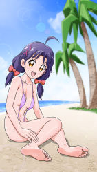 Rule 34 | 1girl, :d, artist request, barefoot, bikini, blue hair, brown eyes, feet, female focus, highres, long hair, looking at viewer, ocean, open mouth, precure, sand, sitting, slingshot swimsuit, smile, soles, solo, suzumura sango, swimsuit, toes, tropical-rouge! precure, water
