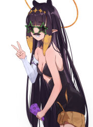Rule 34 | 1girl, :d, blunt bangs, bocchi the rock!, breasts, commentary, cutout above navel, dress, english commentary, fake facial hair, fake mustache, gradient hair, green-framed eyewear, grin, halo, hand up, happy new year, hololive, hololive english, long hair, looking at viewer, malvar, multicolored hair, new year, ninomae ina&#039;nis, ninomae ina&#039;nis (1st costume), open mouth, orange hair, party popper, pointy ears, purple hair, sidelocks, simple background, small breasts, smile, solo, star-shaped eyewear, star (symbol), strapless, strapless dress, tentacle hair, tentacles, tube dress, v, very long hair, virtual youtuber, white background