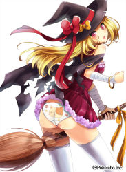 Rule 34 | 1girl, animal print, bandages, bare shoulders, blonde hair, blush, bow, bracelet, broom, cape, cat panties, cat print, female focus, hat, hinariaoba, jewelry, long hair, open mouth, original, panties, pink eyes, print panties, red bow, simple background, solo, thighhighs, torn cape, torn clothes, underwear, white background, white thighhighs, witch, witch hat, zettai ryouiki