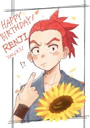 Rule 34 | 1boy, abarai renji, bleach, character name, choko egg, dated, english text, flower, happy birthday, high ponytail, highres, long hair, looking at viewer, male focus, pointing, pointing at self, ponytail, red hair, solo, sunflower, wristband, aged down