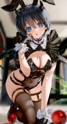 Rule 34 | 1girl, absurdres, animal ears, belt, black bra, black gloves, black thighhighs, blue eyes, blue hair, blurry, blurry background, blush, bra, breasts, cleavage, cleavage cutout, clothing cutout, corset, demon girl, fake animal ears, fake tail, frilled cuffs, genderswap, genderswap (mtf), gloves, hair between eyes, highres, holding, houshin engi, kneeling, latex, latex bra, latex leotard, leotard, looking at viewer, medium breasts, mimoza (96mimo414), navel, original, parted lips, playboy bunny, rabbit ears, rabbit tail, see-through, side cutout, skindentation, solo, stomach, taikoubou, tail, thigh belt, thigh strap, thighhighs, underboob cutout, underwear