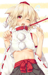 Rule 34 | 1girl, albino, animal ears, belt, blush, breasts, collarbone, detached sleeves, fang, female focus, hat, highres, inubashiri momiji, leash, midriff, navel, one eye closed, open mouth, pom pom (clothes), red eyes, short hair, solo, tokin hat, touhou, turtleneck, underboob, white hair, wince, wink, wolf ears, yana mori