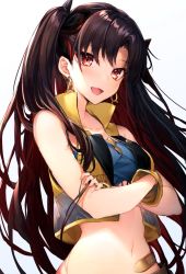 Rule 34 | 1girl, bad id, bad twitter id, brown hair, cropped vest, crossed arms, earrings, fate/grand order, fate (series), glint, hakuishi aoi, hoop earrings, ishtar (fate), jewelry, long hair, looking at viewer, midriff, navel, open mouth, parted bangs, portrait, red eyes, simple background, solo, space ishtar (fate), space ishtar (second ascension) (fate), two side up, very long hair, vest, white background