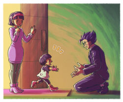Rule 34 | 1boy, 2girls, ^ ^, black footwear, black hair, black jacket, black pants, blunt ends, blush, boots, border, child, closed eyes, commentary request, door, dragon ball, dragon ball super, dress, dress shirt, eyelashes, family, father and daughter, fingerless gloves, glasses, gloves, hairband, hands up, happy, husband and wife, jacket, koukyouji, long sleeves, mother and daughter, multiple girls, notice lines, open mouth, outstretched arms, pan (dragon ball), pants, pantyhose, profile, purple dress, purple footwear, red footwear, red gloves, red hairband, running, shirt, shoes, short hair, short sleeves, shorts, sleeve cuffs, smile, son gohan, spiked hair, squatting, standing, t-shirt, teeth, upper teeth only, videl, white border, white shirt