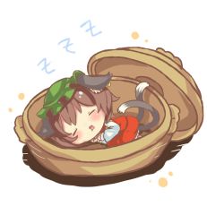 Rule 34 | 1girl, animal ears, brown hair, cat ears, cat tail, chen, chibi, closed eyes, dress, earrings, green hat, hat, ibaraki natou, jewelry, long sleeves, mob cap, multiple tails, nekomata, open mouth, red dress, simple background, single earring, sleeping, solo, tail, touhou, two tails, white background, zzz