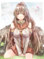 Rule 34 | 10s, 1girl, brown eyes, brown hair, flower, gradient background, hair flower, hair ornament, highres, kantai collection, long hair, machinery, petals, ponytail, smile, solo, sugino (patrassyar), turret, very long hair, yamato (kancolle)
