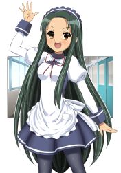 Rule 34 | 1girl, :d, absurdres, apron, arm up, black pantyhose, brown eyes, commentary request, fang, forehead, green hair, gurobeya, highres, long hair, long sleeves, looking at viewer, maid, official alternate costume, open mouth, pantyhose, puffy long sleeves, puffy sleeves, red ribbon, ribbon, smile, solo, suzumiya haruhi no yuuutsu, tsuruya, very long hair, waitress, waving, white apron