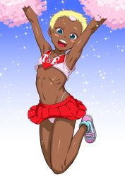 Rule 34 | 1girl, :d, blonde hair, blue background, blush stickers, chat (tales), cheerleader, collarbone, colored eyebrows, crop top, female focus, flat chest, gradient background, jumping, looking at viewer, navel, no bra, open mouth, panties, pom pom (cheerleading), shiny skin, shoes, short hair, skirt, smile, solo, stomach, tales of (series), tales of eternia, teeth, tenseiani, underwear, upper teeth only