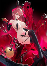 Rule 34 | 1girl, apple, areola slip, azur lane, black gloves, black thighhighs, breasts, choker, cirilla lin, crossed legs, demon girl, demon horns, demon tail, duca degli abruzzi (azur lane), elbow gloves, eyelashes, food, foot out of frame, fruit, fur-trimmed sleeves, fur trim, gloves, halo, highres, holding, holding food, holding fruit, holding staff, horns, large breasts, looking at viewer, manjuu (azur lane), nail polish, navel, pink hair, pubic tattoo, red hair, red nails, revealing clothes, sitting, solo, staff, tail, tattoo, thighhighs, tongue, tongue out