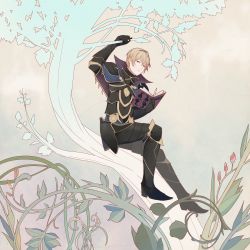 Rule 34 | 1boy, absurdres, armor, blonde hair, book, branch, fire emblem, fire emblem fates, highres, holding, holding book, in tree, leaf, leo (fire emblem), looking at viewer, male focus, nintendo, plant, sitting, sitting in tree, solo, tree