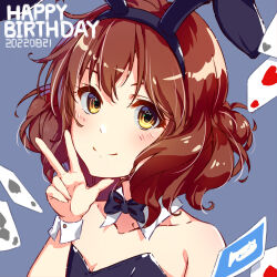 Rule 34 | 1girl, animal ears, bare shoulders, black bow, black bowtie, blue background, blush, bow, bowtie, braid, breasts, brown hair, card, cleavage, closed mouth, collarbone, commentary request, dated, detached collar, fake animal ears, happy birthday, hibike! euphonium, highres, kurenaiz (kureniz), leotard, looking at viewer, medium hair, oumae kumiko, playboy bunny, playing card, rabbit ears, single braid, small breasts, smile, solo, upper body, w, white wrist cuffs, wrist cuffs, yellow eyes