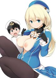 Rule 34 | 10s, 1boy, 1girl, :d, :o, admiral (kancolle), age difference, atago (kancolle), black gloves, black hair, black pantyhose, blonde hair, blush, breasts, breasts out, gloves, green eyes, hat, kantai collection, large breasts, little boy admiral (kancolle), long hair, looking at viewer, military, military uniform, nipples, nora higuma, open clothes, open mouth, open shirt, panties, panties under pantyhose, pantyhose, peaked cap, personification, shirt, smile, underwear, uniform