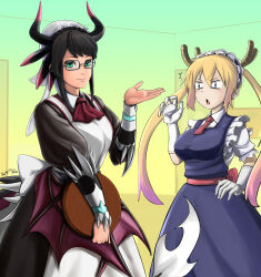 2girls absurdres apron black_hair blonde_hair blue_eyes dragon_girl dragon_horns dragon_tail glasses highres holding holding_tray horns house_dragonmaid kobayashi-san_chi_no_maidragon looking_at_viewer maid maid_apron maid_headdress multiple_girls ponchi-ponchi surprised tail tohru_(maidragon) tray yu-gi-oh!