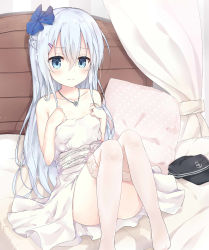 Rule 34 | 10s, 1girl, bare shoulders, bed, blue eyes, blue hair, bow, braid, collarbone, curtains, dress, hair ornament, hairclip, unworn headwear, hibiki (kancolle), highres, huwari (dnwls3010), jewelry, kantai collection, long hair, looking at viewer, matching hair/eyes, necklace, pillow, ribbon, ring, sitting, solo, strapless, strapless dress, thighhighs, wedding band, wedding dress, white dress, white thighhighs