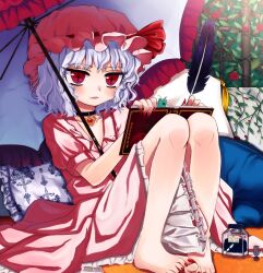 Rule 34 | 1girl, :3, barefoot, berensu, between legs, black choker, book, bookmark, choker, collarbone, collared dress, cross-shaped pupils, dress, eyes visible through hair, fang, fang out, fingernails, flower, frilled pillow, frilled umbrella, frills, from side, full body, gem, hands up, hat, hat ribbon, highres, holding, holding book, holding quill, indoors, ink, ink bottle, inkwell, jewelry, knees up, leaning back, light purple hair, long fingernails, looking at viewer, mob cap, nail polish, open book, parasol, parted lips, pendant, pendant choker, petticoat, pillow, pink dress, pink hat, plant, print pillow, puffy short sleeves, puffy sleeves, quill, red eyes, red flower, red nails, red ribbon, red rose, remilia scarlet, ribbon, ribbon-trimmed headwear, ribbon trim, rose, shade, sharp fingernails, sharp toenails, short dress, short hair, short sleeves, sitting, solo, symbol-shaped pupils, tassel, thick eyelashes, toenail polish, toenails, toes, touhou, umbrella, vines, wavy hair, window, writing