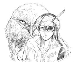 Rule 34 | 1boy, bird, commentary, eagle, facial hair, fate (series), fur-trimmed jacket, fur trim, glasses, greyscale, hat feather, heki0529, jacket, looking at viewer, male focus, mehmed ii (fate), monochrome, open collar, shirt, short hair, simple background, smile, solo, stubble, turban, upper body, white background