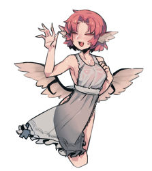 Rule 34 | 1girl, :d, apron, bird wings, breasts, fang, furrowed brow, grey apron, hair intakes, head wings, highres, low wings, medium breasts, mystia lorelei, naked apron, nyong nyong, open mouth, pink hair, see-through, short hair, simple background, smile, solo, touhou, white background, wings