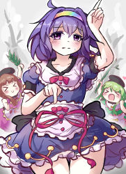Rule 34 | &gt; &lt;, 3girls, :&gt;, :d, absurdres, apron, bamboo, black headwear, blue hair, blush, brown hair, closed eyes, green hair, highres, laoshezhang, leaf, looking at viewer, maid, maid apron, multicolored clothes, multicolored headwear, multiple girls, nishida satono, open mouth, pointing, pointing down, pointing up, shy, smile, teireida mai, tenkyuu chimata, touhou, unconnected marketeers