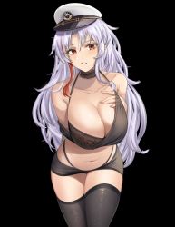 Rule 34 | 1girl, arm behind back, azur lane, bare shoulders, black background, black bra, black shorts, black tank top, black thighhighs, blush, bra, bra strap, breasts, cleavage, collarbone, commentary request, detached collar, feet out of frame, fingernails, hand on back, hand on own chest, large breasts, long hair, looking at viewer, mole, mole on breast, multicolored hair, nail polish, navel, official alternate costume, pigeon (wejil), red eyes, shorts, silver hair, solo, standing, tallinn (azur lane), tallinn (nostalgic pilsner) (azur lane), tank top, thighhighs, underwear, white headwear