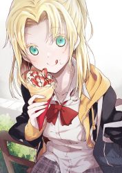 Rule 34 | 1girl, absurdres, berry, black jacket, blazer, blonde hair, bow, collarbone, commentary request, commission, crepe, food, food on face, fruit, green eyes, highres, holding, holding food, hood, hoodie, io naomichi, jacket, long sleeves, looking at viewer, open clothes, open hoodie, outdoors, plaid, plaid skirt, red bow, school uniform, shirt, skeb commission, skirt, solo, tongue, tongue out, white shirt, yellow hoodie