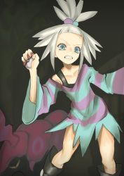 Rule 34 | 1girl, absurdres, bare shoulders, blue eyes, boots, bra strap, breasts, creatures (company), dress, fleyr, forehead, freckles, game freak, gen 5 pokemon, gym leader, hair bobbles, hair ornament, highres, nintendo, pokemon, pokemon (creature), pokemon bw2, roxie (pokemon), scolipede, small breasts, striped clothes, striped dress, thighs, topknot, white hair