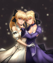 Rule 34 | 2girls, absurdres, ahoge, artoria pendragon (fate), bare shoulders, black ribbon, blonde hair, braid, cowboy shot, detached collar, detached sleeves, fate/grand order, fate (series), french braid, gloves, green eyes, hair ribbon, hand on another&#039;s chin, highres, juliet sleeves, long sleeves, looking at viewer, multicolored hair, multiple girls, nayamer, ponytail, puffy sleeves, ribbon, saber alter, saber lily, white gloves, wide sleeves, yellow eyes
