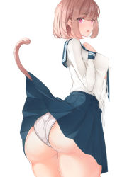 Rule 34 | 1girl, ass, bad id, bad pixiv id, breasts, brown hair, clothes lift, hand up, highres, large breasts, lifting own clothes, lifted by tail, open mouth, original, panties, pants, pantyshot, parted lips, pink eyes, r (curvy), sailor collar, school uniform, short hair, simple background, skirt, skirt lift, tail, underwear, uniform, white background, white pants