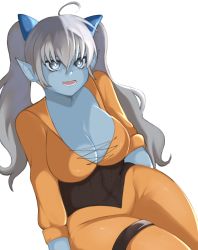Rule 34 | blue skin, colored skin, corset, dungeons &amp; dragons, elf, garter straps, grey eyes, highres, lyrana fha&#039;an, non-web source, original, pointy ears, sharp teeth, short twintails, simple background, teeth, transparent background, twintails