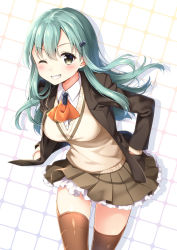 Rule 34 | 10s, 1girl, ;d, aqua hair, blush, brown thighhighs, green eyes, grin, hair ornament, hairclip, hands in pockets, jacket, kantai collection, long hair, long sleeves, masuishi kinoto, neckerchief, one eye closed, open mouth, pleated skirt, school uniform, shima (shima je), skirt, smile, solo, suzuya (kancolle), sweater vest, thighhighs, zettai ryouiki