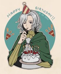 Rule 34 | 1boy, bamu (bamu0504), birthday cake, black eyes, cake, candle, cloak, commentary, cropped torso, dated, dungeon meshi, eating, expressionless, food, green cloak, grey hair, half-closed eye, happy birthday, hat, highres, holding, holding plate, holding spoon, hood, hood down, hooded cloak, male focus, mithrun, outline, party hat, plate, short hair, simple background, solo, spoon, symbol-only commentary, two-tone background, uneven eyes, upper body, white outline, yellow background