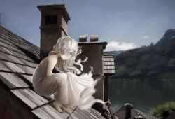 Rule 34 | 1girl, barefoot, blue eyes, blue sky, blush, chimney, commentary, day, dress, fantasy, floating hair, foliage, from side, full body, hair over one eye, highres, ito (silva), knees up, lake, long hair, looking at viewer, looking to the side, mountainous horizon, on roof, one eye covered, original, outdoors, roof, scenery, sitting, sitting on roof, sky, smile, solo, strapless, strapless dress, tile roof, white dress, white hair, wind
