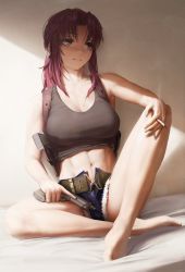 Rule 34 | 1girl, abs, absurdres, arm support, bare arms, bare legs, bare shoulders, barefoot, belt, black lagoon, black panties, black shirt, breasts, brown eyes, cigarette, cleavage, closed mouth, collarbone, crop top, crossed ankles, denim, denim shorts, full body, gun, hand on own knee, handgun, highres, holding, holding cigarette, holding gun, holding weapon, holster, holstered, knee up, large breasts, leaning back, long hair, midriff, navel, numanoan, open clothes, open fly, open shorts, panties, pistol, ponytail, revy (black lagoon), shirt, short shorts, shorts, sidelocks, sitting, smoke, solo, tank top, underwear, unzipped, weapon