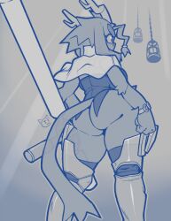 Rule 34 | 1girl, animal ears, armor, ass, ass focus, back, bottomless, breasts, cage, contrapposto, cross, eyebrows, eyelashes, from behind, frown, furry, furry female, greyscale, horns, large breasts, leg armor, monochrome, no panties, no pants, pseudoregalia, rabbit ears, shirt, sybil (pseudoregalia), tail, teckworks, thick eyebrows, thick thighs, thighs, weapon, wide hips