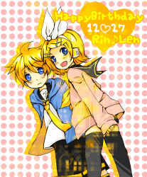 Rule 34 | 1boy, 1girl, bad id, bad pixiv id, birthday, blonde hair, blue eyes, brother and sister, hair ornament, hair ribbon, hairclip, headphones, kagamine len, kagamine rin, m eme, necktie, open mouth, ribbon, short hair, shorts, siblings, smile, thighhighs, twins, vocaloid, yellow necktie