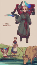 Rule 34 | 2girls, animal ears, asymmetrical horns, barefoot, blue horns, blue tail, boots, braid, braided ponytail, brown hair, closed eyes, coat, cow, curled horns, day, dragon girl, dragon horns, dragon tail, dress, drinking, frown, fur-trimmed coat, fur trim, grass, grey coat, grey hair, grey tail, hair pulled back, headdress, highres, holding, holding stick, horn ornament, horn ribbon, horns, kmbk, layered sleeves, looking at another, looking to the side, mismatched horns, multicolored tail, multiple girls, multiple views, original, red eyes, red ribbon, ribbon, shore, single braid, smile, squatting, standing, stick, tail, twitter username, water, white dress